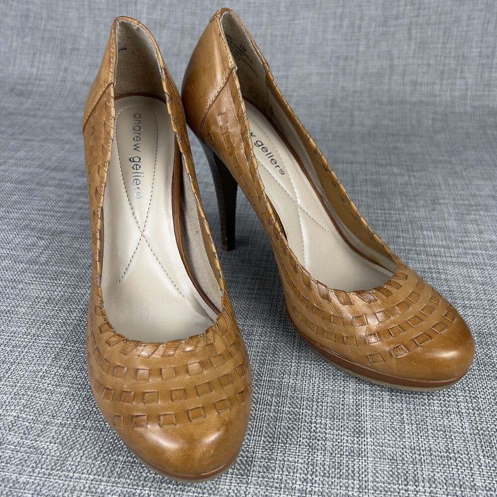 Andrew Geller Sz 7 Whisky Brown Woven Leather Platform Pumps Wood Stiletto Heels - Picture 3 of 10